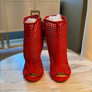 Red Peep-Toe Mesh Ankle Boots